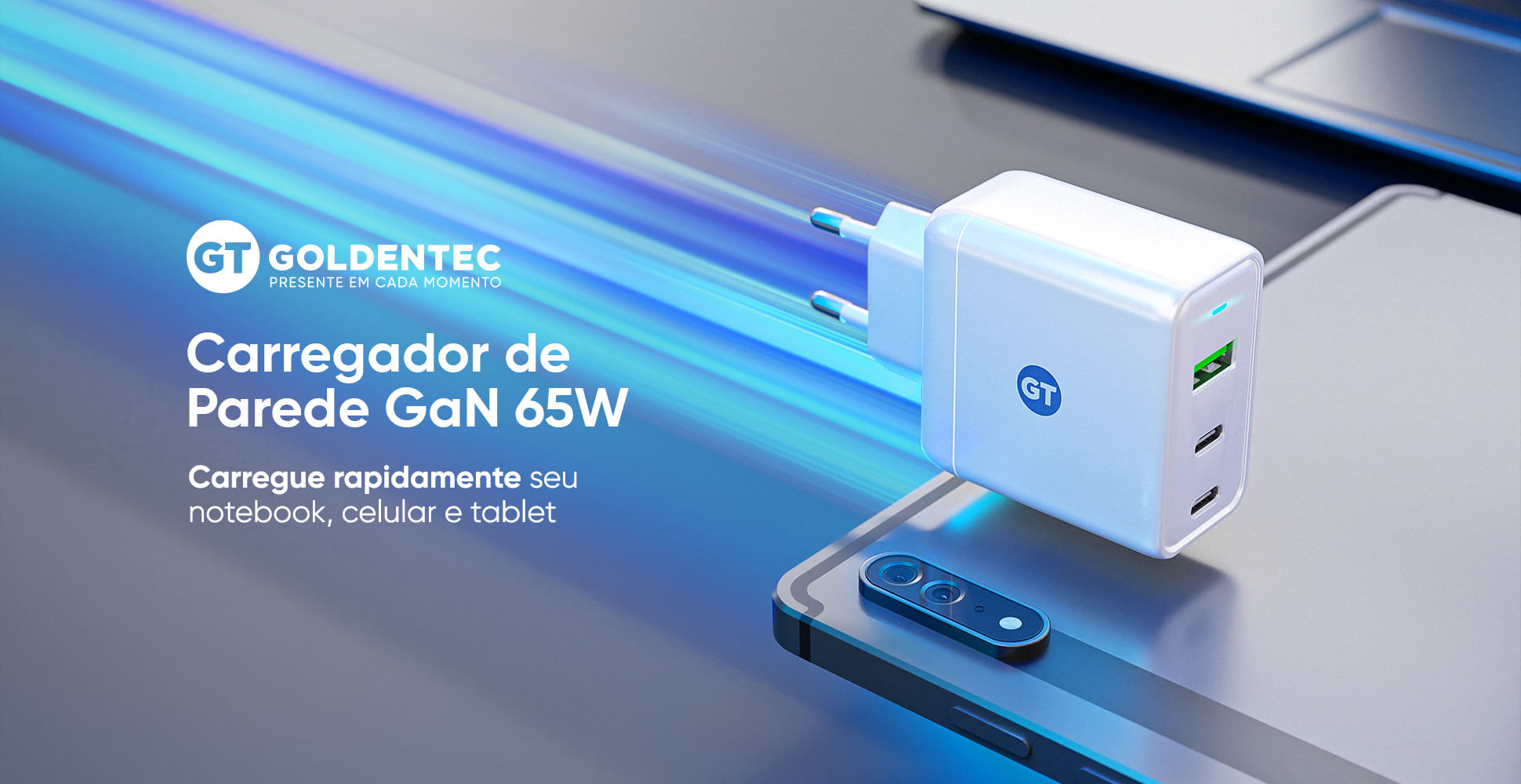 Carregador de Parede Goldentec GaN Fast Charge 2 USB-C 65W + 2 USB 3.0 30W