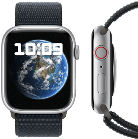 Uma imagem da parte da frente e da lateral do Apple Watch em combinação neutra em carbono.