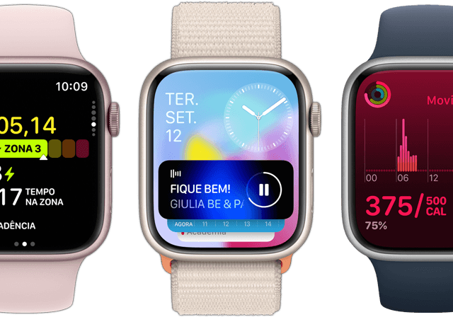 Imagem da parte da frente de cinco aparelhos Apple Watch mostrando a quantidade de informações na tela graças à atualização para o watchOS 10.