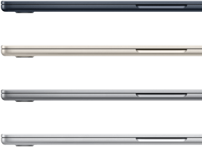 Quatro notebooks MacBook Air que mostram as cores disponíveis: meia-noite, estelar, cinza-espacial e prateado.