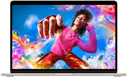 Tela do MacBook Air que mostra uma imagem colorida para destacar a variedade de cores e a resolução da tela Liquid Retina.