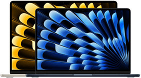 Imagem da parte da frente dos modelos de 13 e 15 polegadas do MacBook Air que mostra o tamanho das telas (medidas na diagonal).
