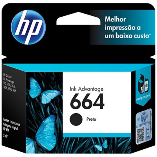 Cartucho HP 664 Preto Original (F6V29AB) Para HP Deskjet 2136, 2676, 3776, 5076, 5276