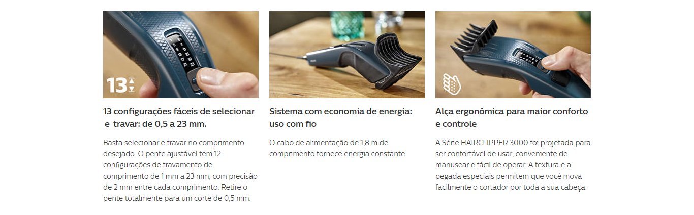 Cortador de Cabelo Hairclipper Philips Serie 3000 com 13 Ajustes de Altura Azul/Preto - HC3505/15