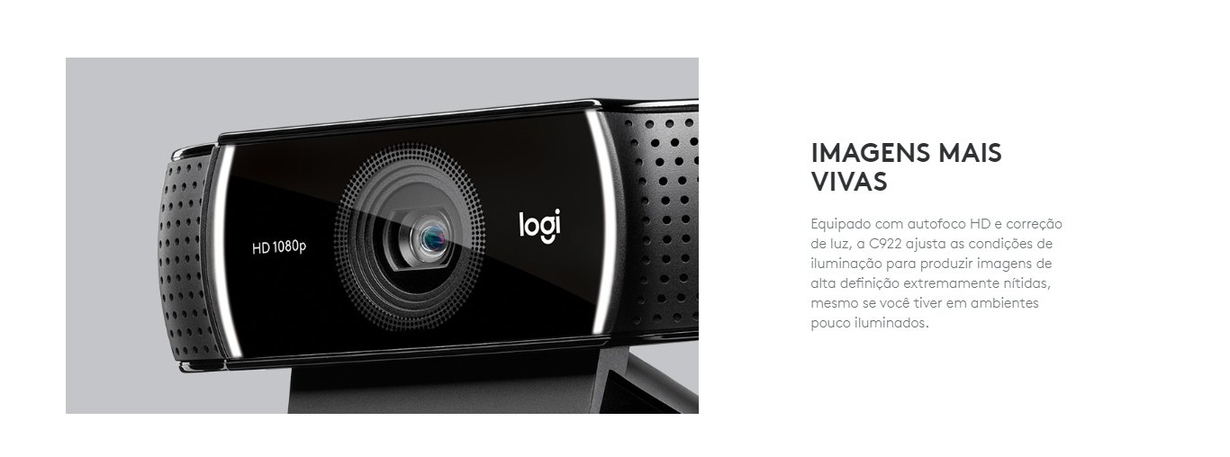  Webcam Logitech  C922  USB Pro Stream  Full HD 1080p  Preto 