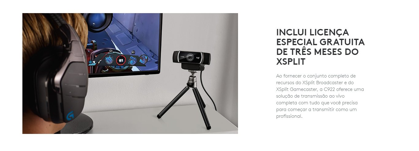 Webcam Logitech  C922  USB Pro Stream  Full HD 1080p  Preto