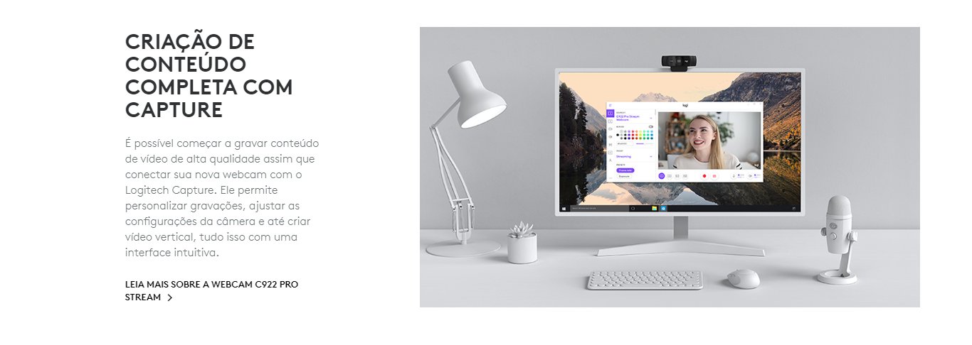 Webcam Logitech  C922  USB Pro Stream  Full HD 1080p  Preto