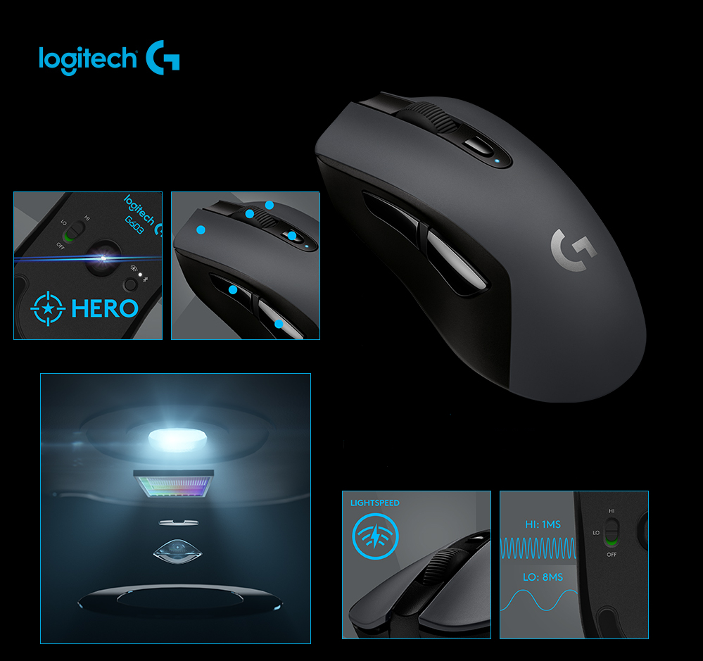 Mouse Sem Fio Gamer Logitech G603 Hero Lightspeed Bluetooth 12000 DPI 6  Botões- 910-005100 - lojaibyte