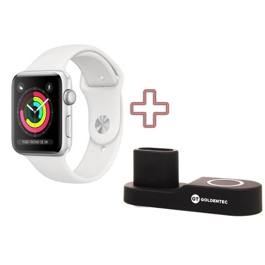 Apple-Watch-Series-3-38-mm-Aluminio-Prata-Pulseira-Esportiva-Branca-e-Base-de-Carregamento-4-em-1-Goldentec