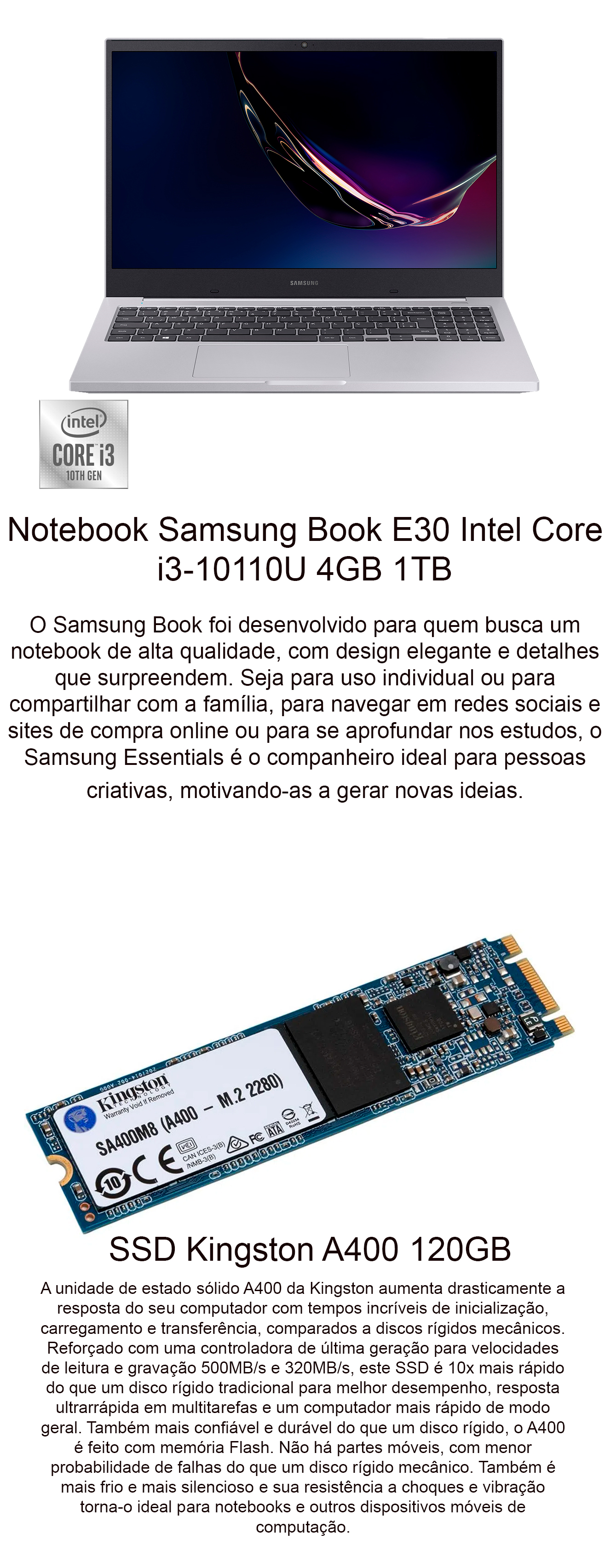 Notebook Samsung Book E30 Intel Core i3-10110U 4GB 1TB + 120GB SSD (adicionado) 15,6