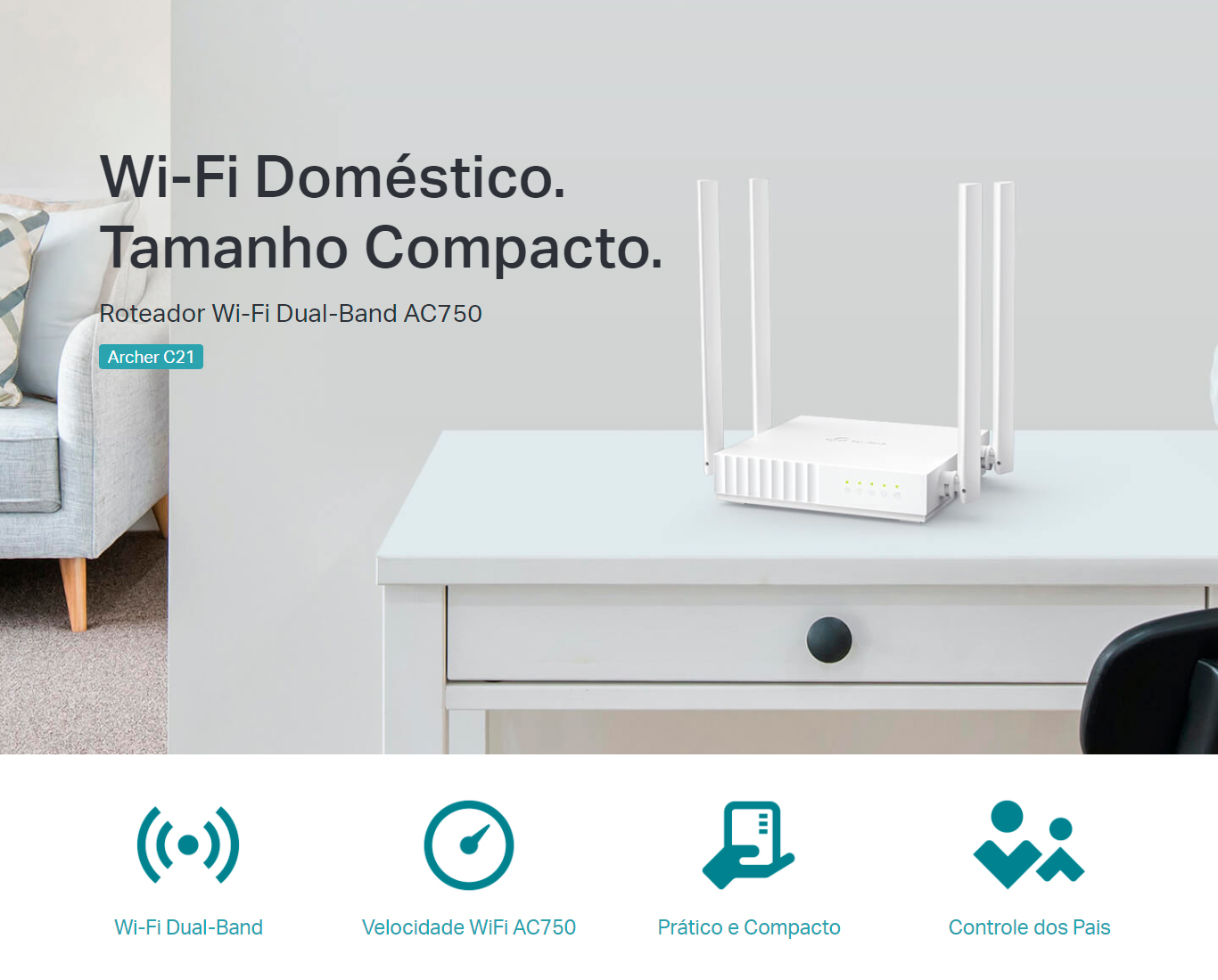 Roteador Wi-Fi TP-Link Archer C21 AC750 4 Antenas Dual Band 433Mbps
