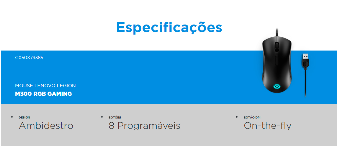 Mouse Gamer Lenovo Legion M300 USB 2.0 RGB 8 Botões 8000DPI, Preto -GY50X79384
