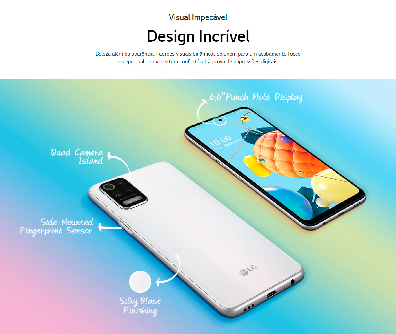 Smartphone LG K62+ 128GB 4GB RAM Tela de 6.59 Câmera Quadrupla Traseira 48MP + 5MP + 5MP + 2MP Frontal de 13MP Bateria 4000 mAh Branco