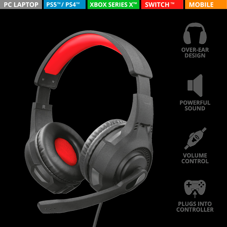 Headset Gamer Trust Ravu GXT  307 40MM PS4 / PS5 / XBOX series / SWITCH / PC , Preto/ Vermelho  -T22450