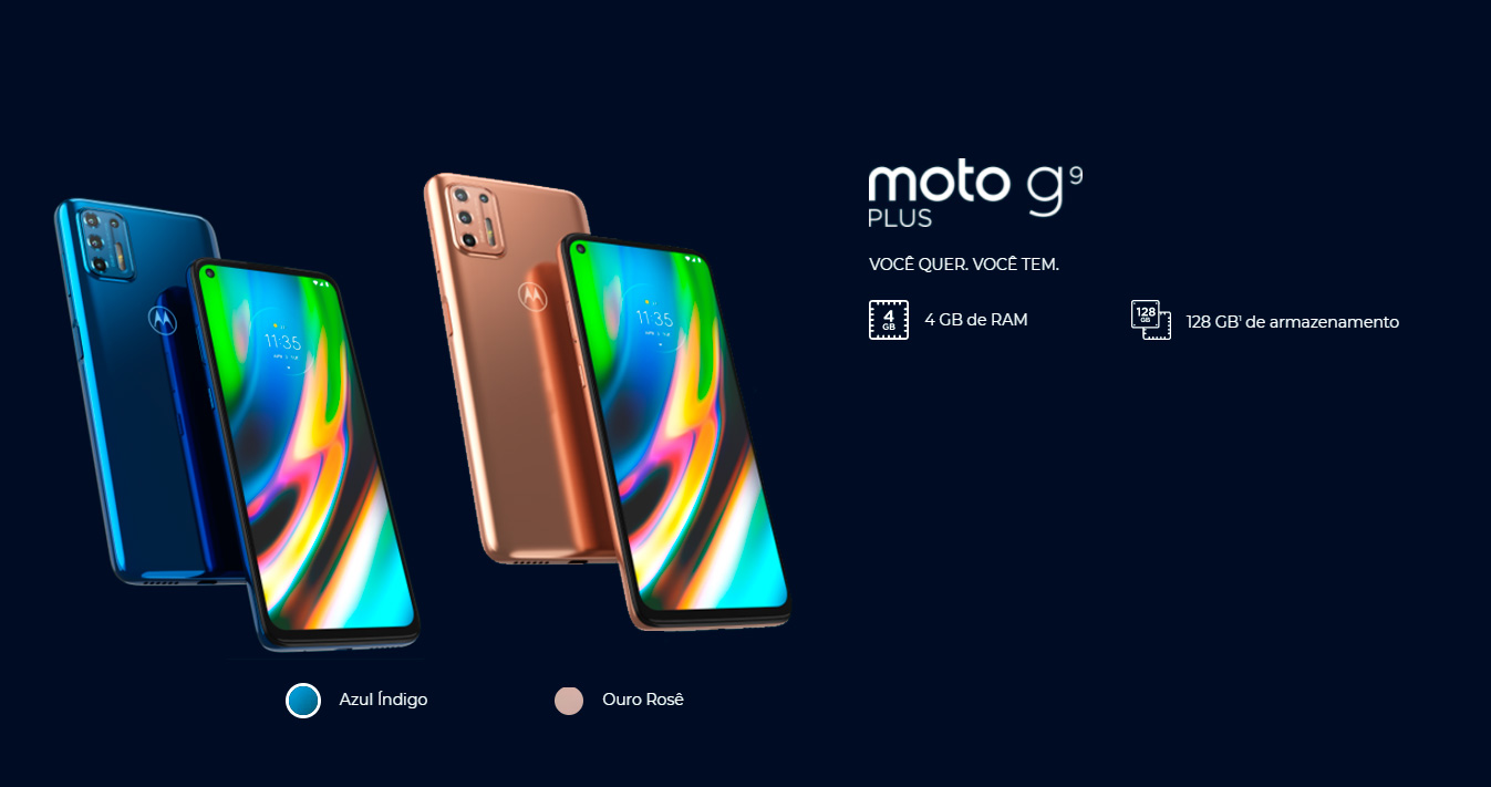 Smartphone Motorola G9 Plus 128GB 4GB RAM Tela 6,8 Câmera Quádrupla Traseira 64MP + 8MP + 2MP + 2MP Frontal de 16MP Bateria 5000mAh Ouro Rosê
