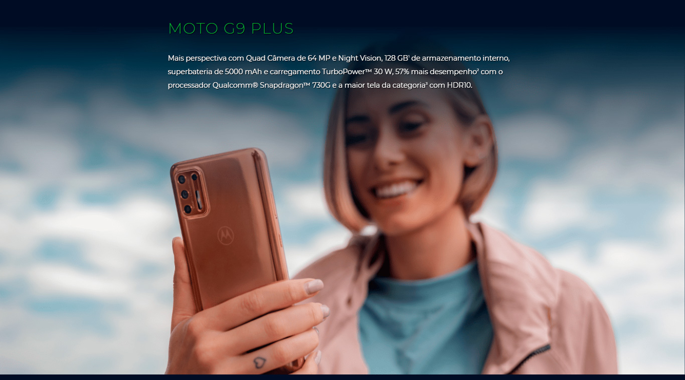 Smartphone Motorola G9 Plus 128GB 4GB RAM Tela 6,8 Câmera Quádrupla Traseira 64MP + 8MP + 2MP + 2MP Frontal de 16MP Bateria 5000mAh Ouro Rosê