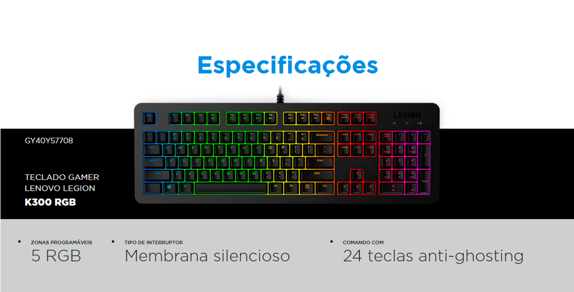 Teclado Gamer Lenovo K300 RGB, Preto