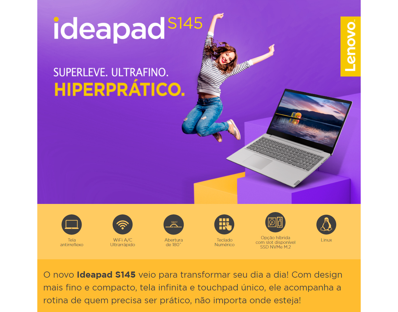 Notebook Lenovo Ultrafino Ideapad S145 Intel Core i3-8130U 4GB 1TB 15,6 HD Linux , Prata- 81XMS00000 