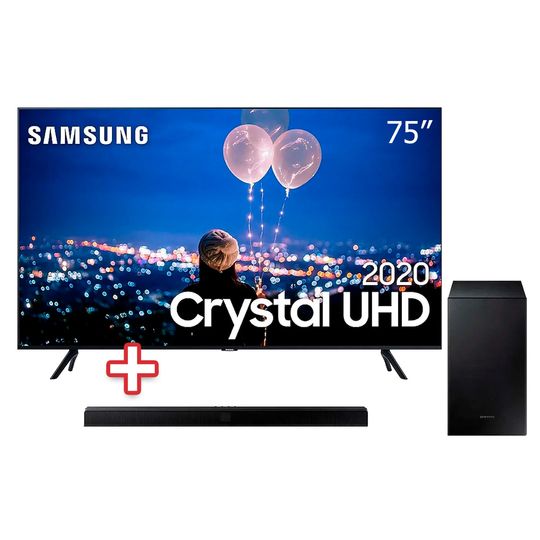 Smart-TV-75--Crystal-UHD-TU8000-4K-Samsung----Soundbar-Samsung-HW-T555-com-2.1-canais-Potencia-de-320W-Bluetooth-Subwoofer-Sem-Fio
