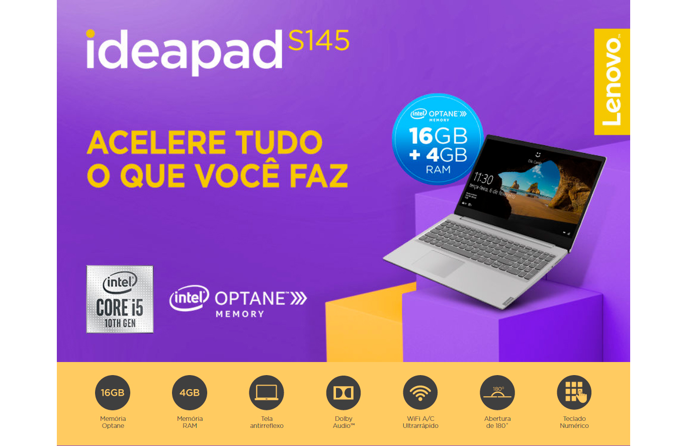 Notebook Lenovo S145 Intel Core i5-1035G1 4GB+16GB Optane 1TB 15,6 HD Windows 10 Home, Prata -82DJ0005BR