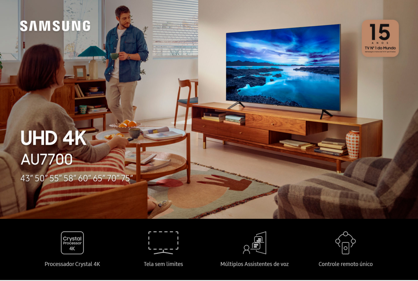  Smart TV Samsung 50 UHD 4K 50AU7700, Processador Crystal 4K, Tela sem limites, Visual Livre de Cabos, Alexa built in, Controle Único