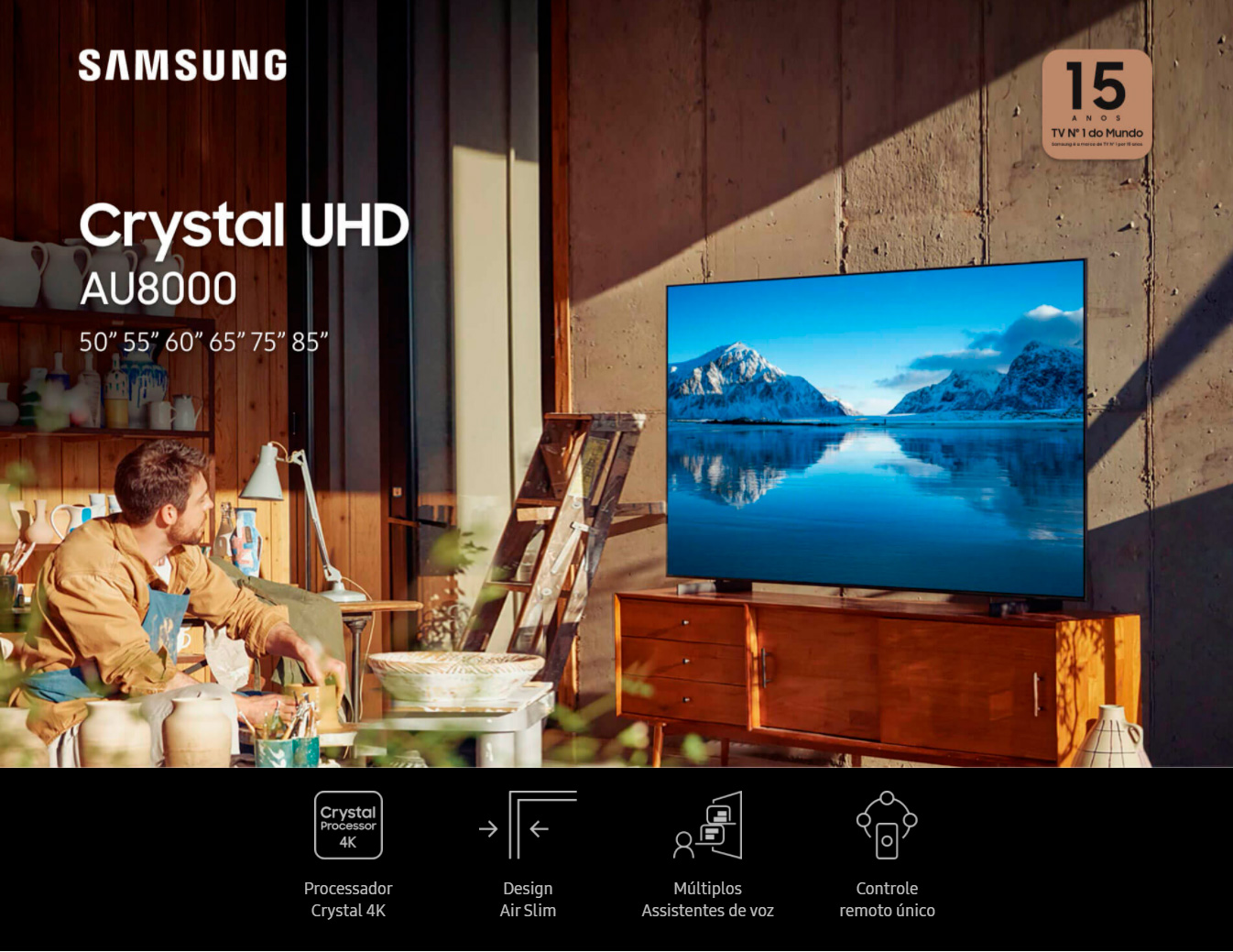 Smart TV 65 Crystal UHD 4K Samsung 65AU8000, Painel Dynamic Crystal Color, Design slim, Tela sem limites, Visual Livre de Cabos, Alexa built in