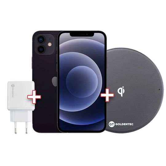 Kit-iPhone-12-Apple-Preto-64GB-Desbloqueado---MGJ53BZ-A----Carregador-Qi-Ultra-Slim-Goldentec---Carregador-de-Parede-Turbo-USB-3.0-Branco-Goldentec