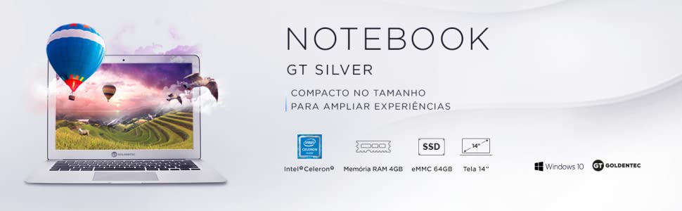 Notebook GT Silver Intel® Dual-Core, 4GB, SSD 64GB, 14, Windows 10