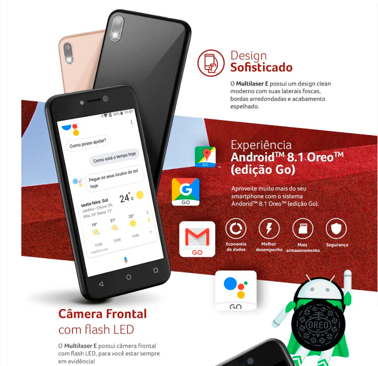  Smartphone Multilaser E 32GB 3G Tela 5.0 Quad Core Câmera traseira 5MP + 5MP frontal Preto