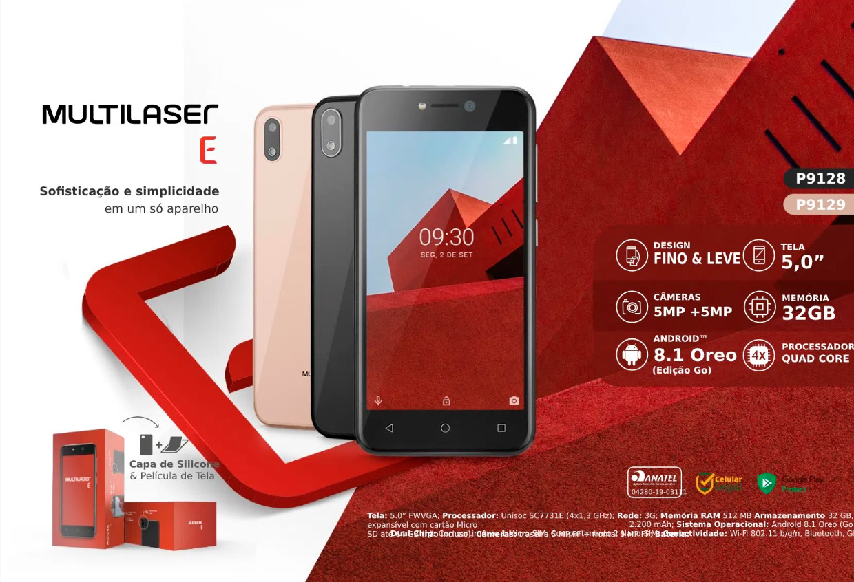  Smartphone Multilaser E 32GB 3G Tela 5.0 Quad Core Câmera traseira 5MP + 5MP frontal Preto
