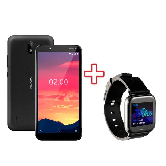Kit-com-Smartphone-Nokia-C2-32GB-1GB-RAM-Tela-de-57--Camera-Dupla-Carvao---NK010---Smartwatch-Goldentec-Preto