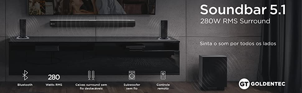 Soundbar 5.1 Canais 280W RMS com Subwoofer sem fio, Bluetooth, Entrada HDMI e Óptica Goldentec