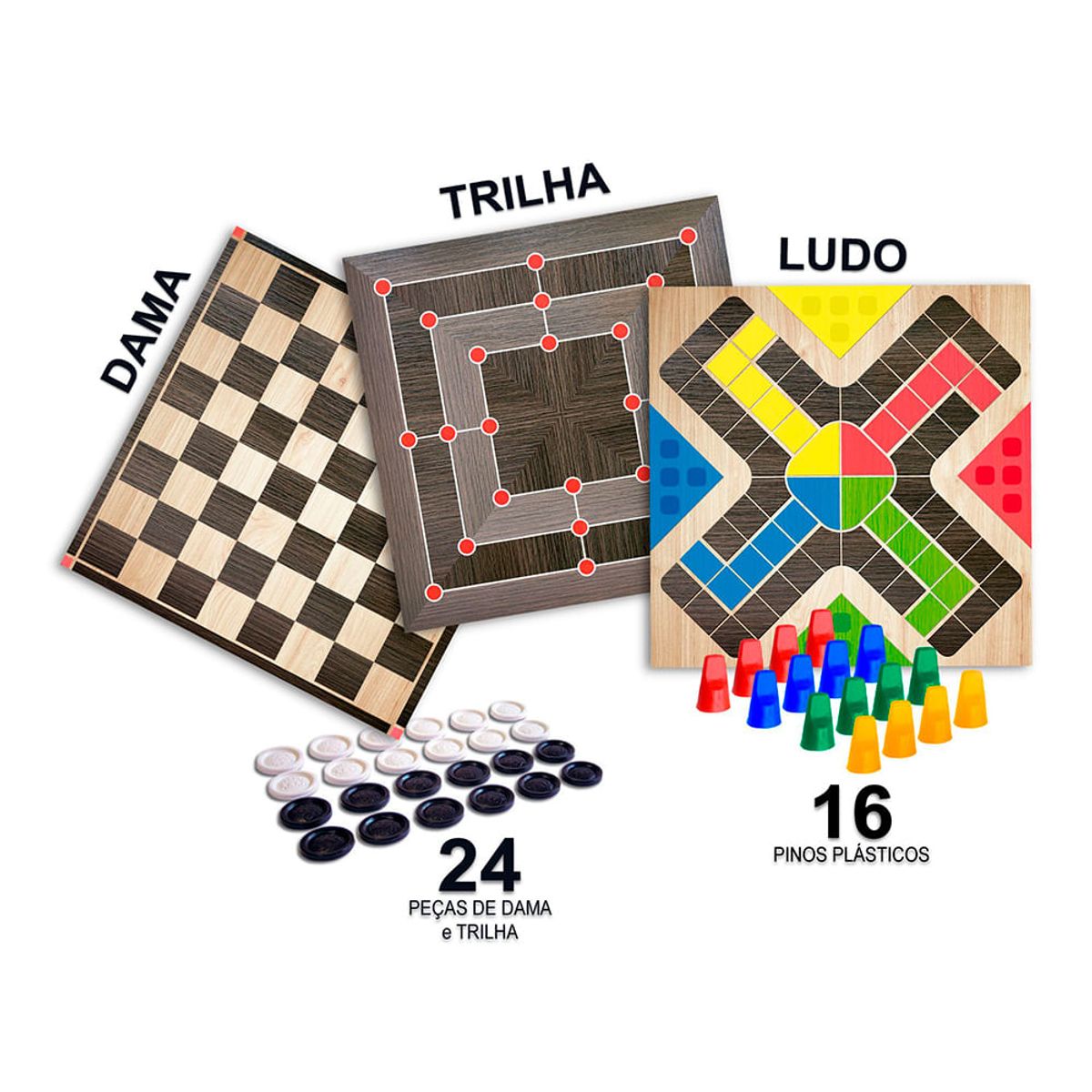 Jogo 3 em 1 ludo dama e trilha Pais & Filhos - Ibyte