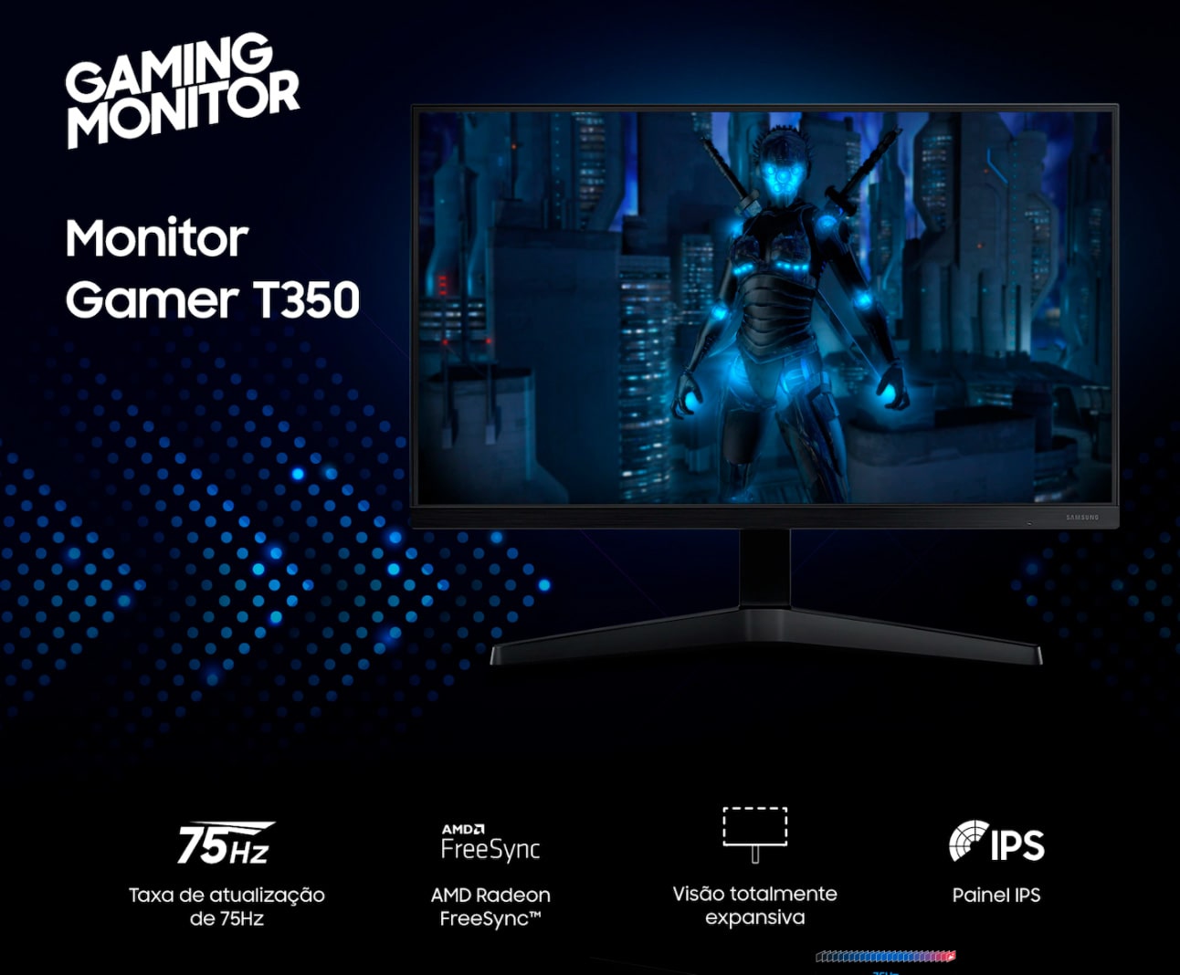 Monitor Gamer Samsung 24 FHD, 75Hz, HDMI, VGA, Freesync, Preto, Série T350
