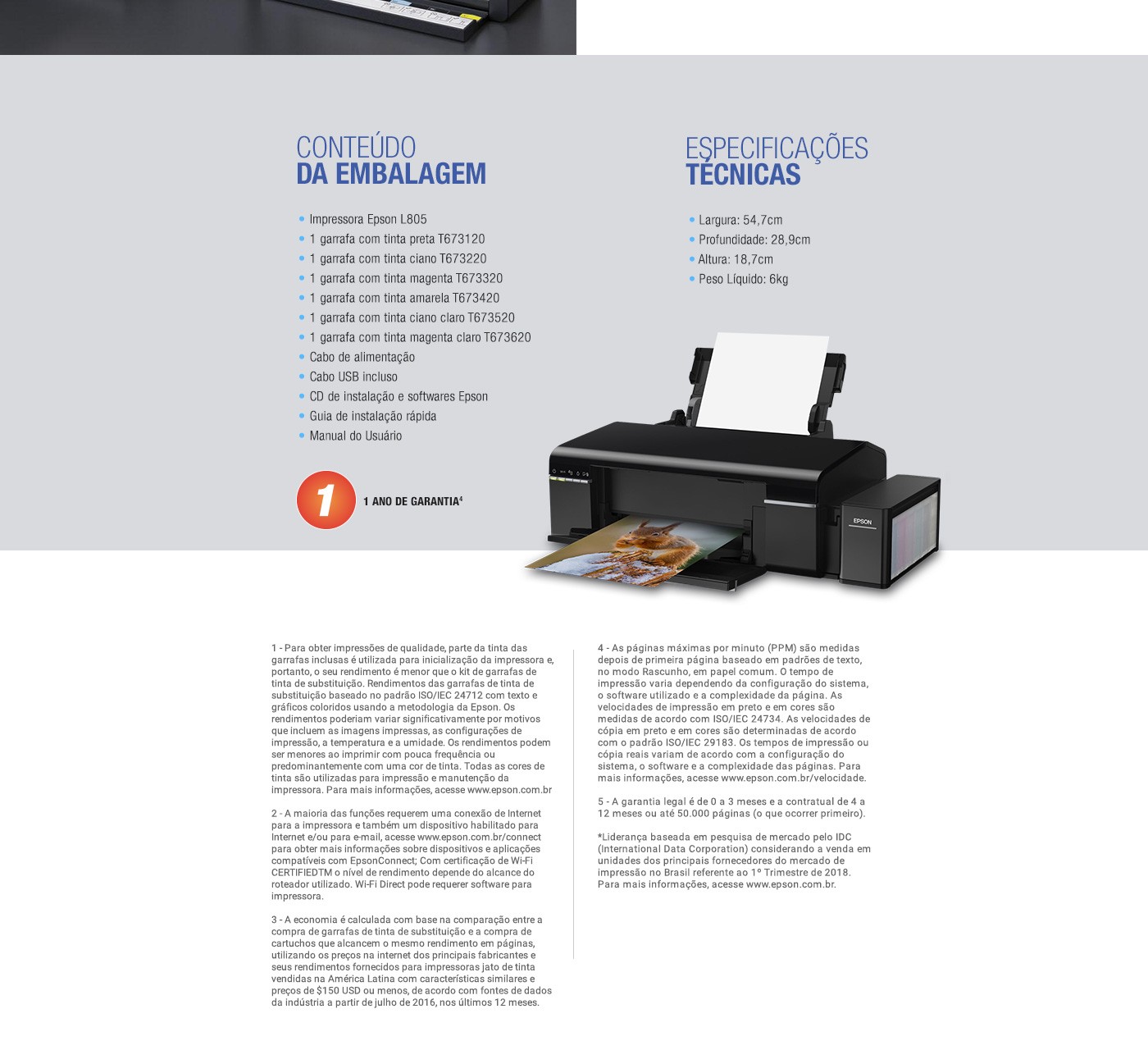 Impressora Epson Tanque de Tinta L805 Wi-Fi Impressão em CD e DVD,Preto-C11CE86402