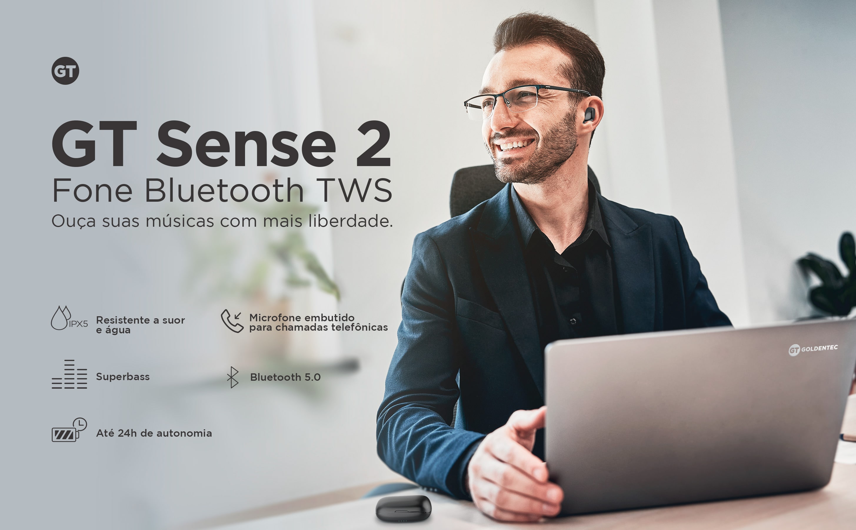 Fone de Ouvido TWS GT Sense 2 com Case Carregadora | Goldentec