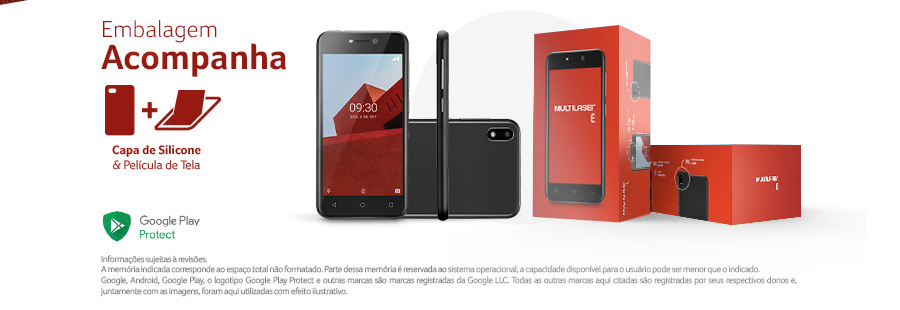  Smartphone Multilaser E 32GB 3G Tela 5.0 Quad Core Câmera traseira 5MP + 5MP frontal Preto