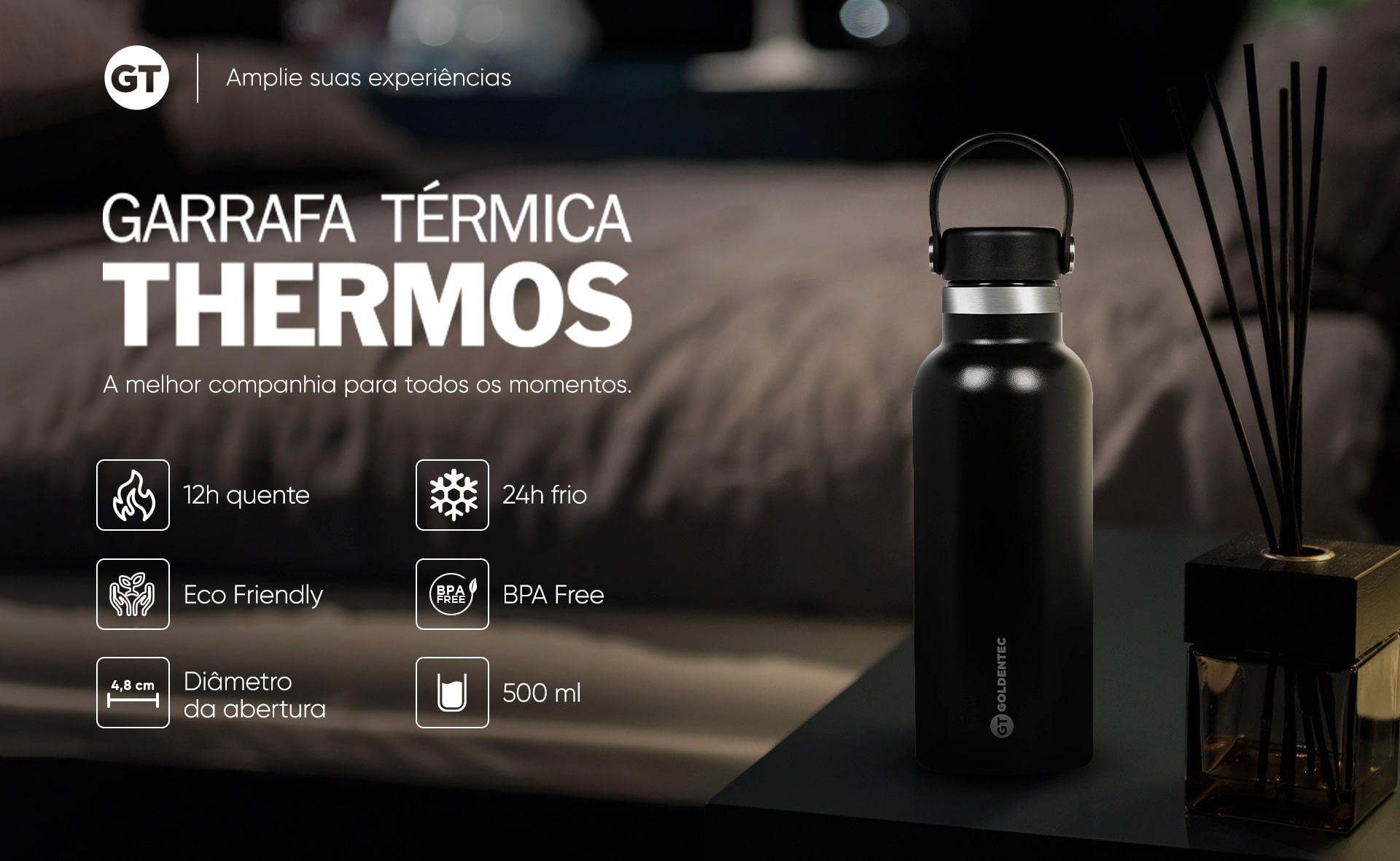 Garrafa Térmica Inox 500 ml para bebidas quentes ou frias e tampa com alça - Preta | GT