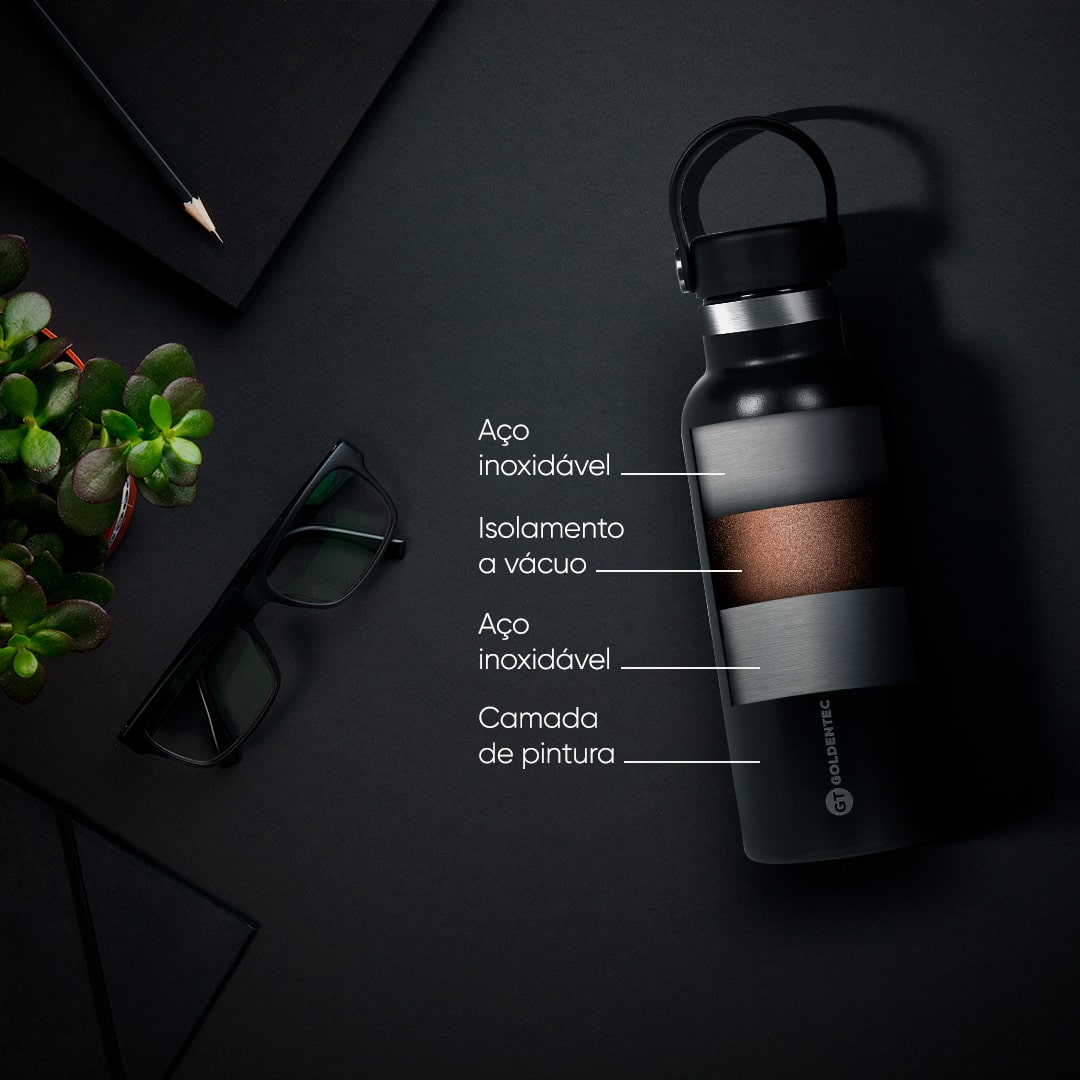 Garrafa Térmica Inox 500 ml para bebidas quentes ou frias e tampa com alça - Preta | GT