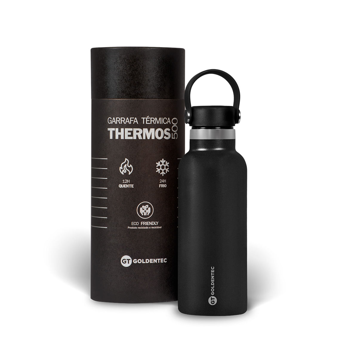 Garrafa Térmica GT Thermos Inox 500 ml para Bebidas Quentes ou Frias e Tampa com Alça - Preta | GT