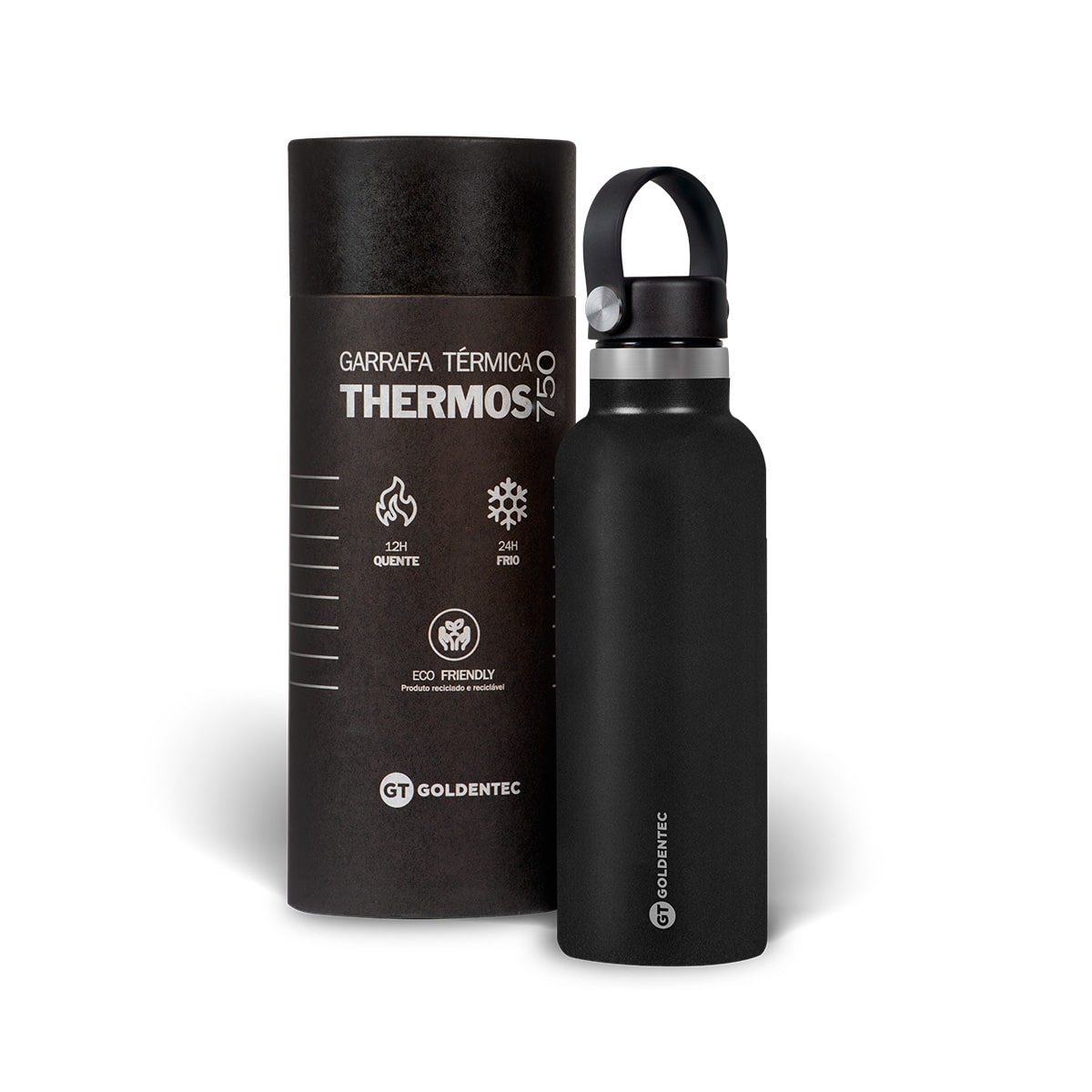 Garrafa Térmica GT Thermos Inox 750 ml para Bebidas Quentes ou Frias e Tampa com Alça - Preta | GT