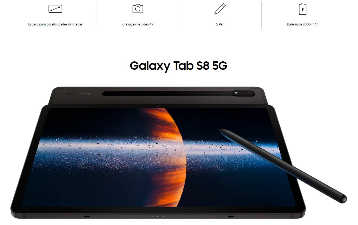 Tablet Samsung Galaxy S8 5G 256GB com S Pen