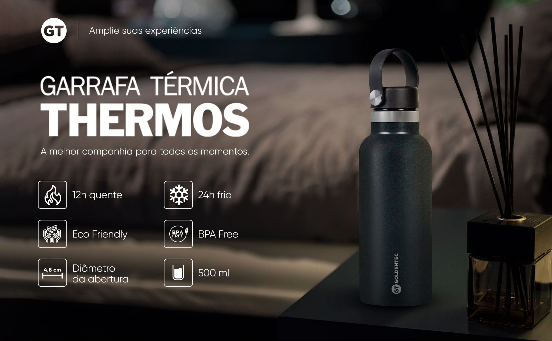 Garrafa Térmica Inox 500 ml para bebidas quentes ou frias e tampa com alça - Preta | GT