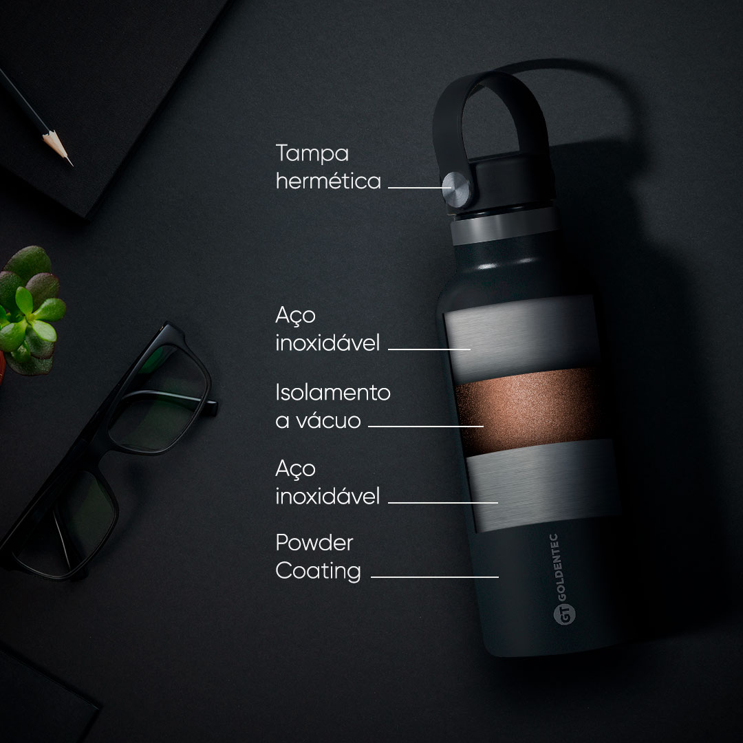 Garrafa Térmica Inox 500 ml para bebidas quentes ou frias e tampa com alça - Preta | GT