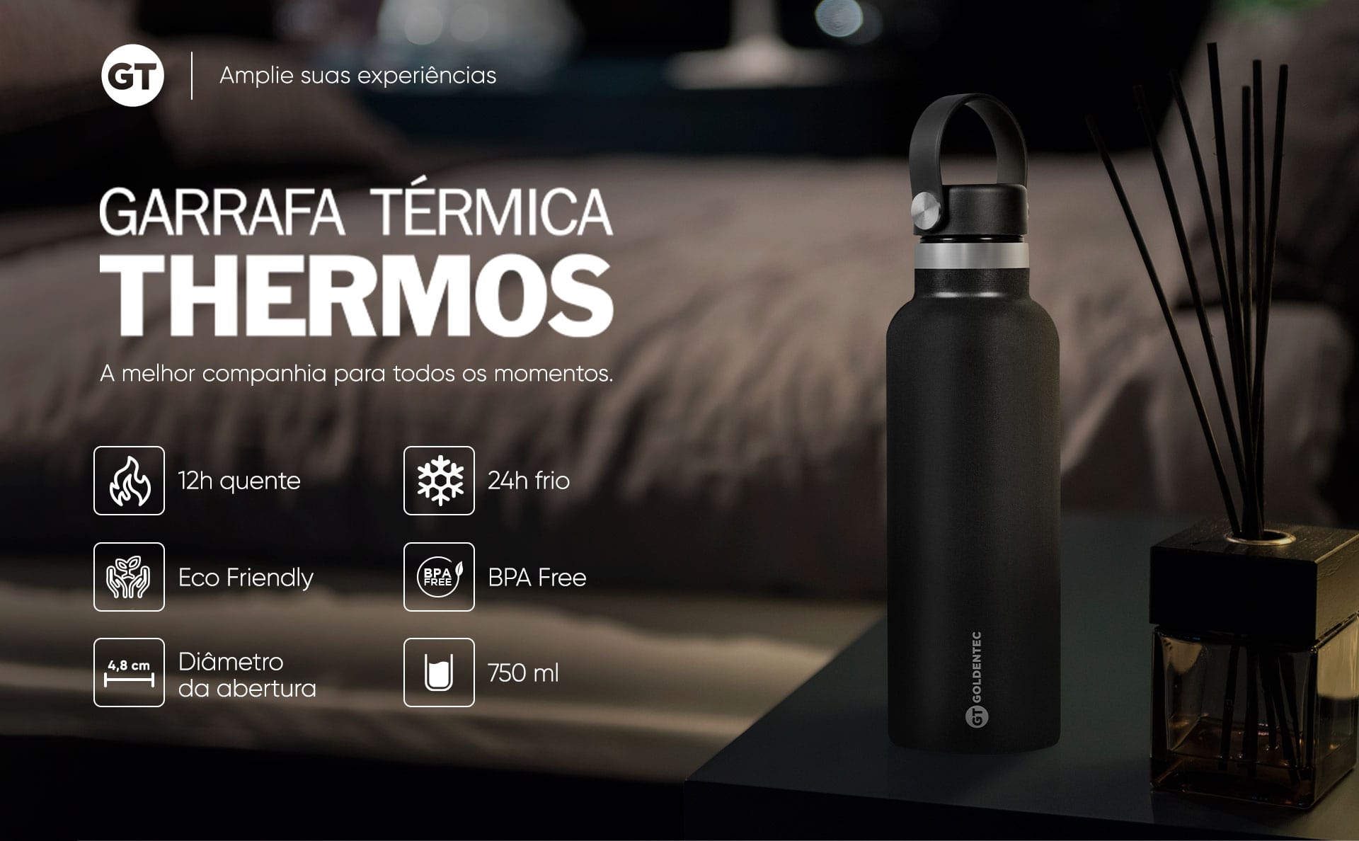 Garrafa Térmica Inox 750 ml para bebidas quentes ou frias e tampa com alça - Preta | GT