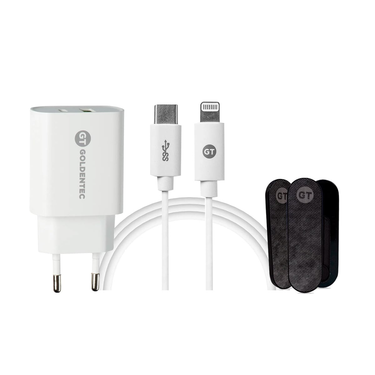 Kit Carregador de Parede Fast Charge USB-C 18W + USB 3.0 + Cabo Lightning MFi para USB-C + Apoio para Smartphone Grip