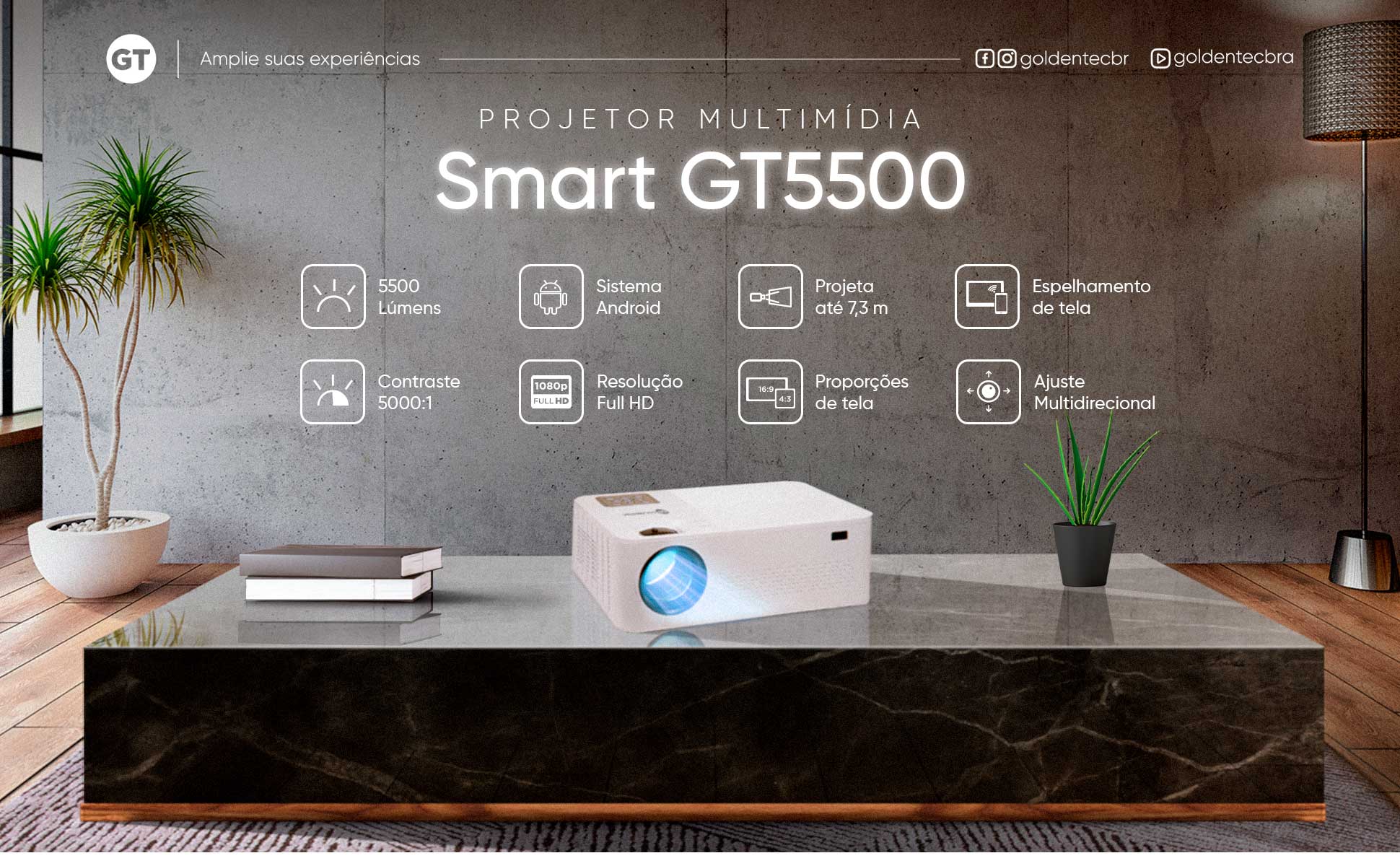 Projetor Multimídia 5500 Lumens Smart Full HD com HDMI, USB, AV e VGA | GT