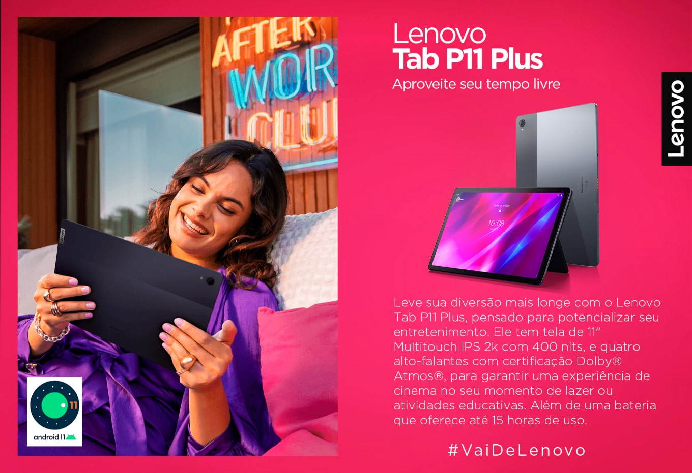 Tablet Lenovo Tab P11 Plus com Capa Protetora, Octa-core 4GB 64GB Tela 11 Wi-fi