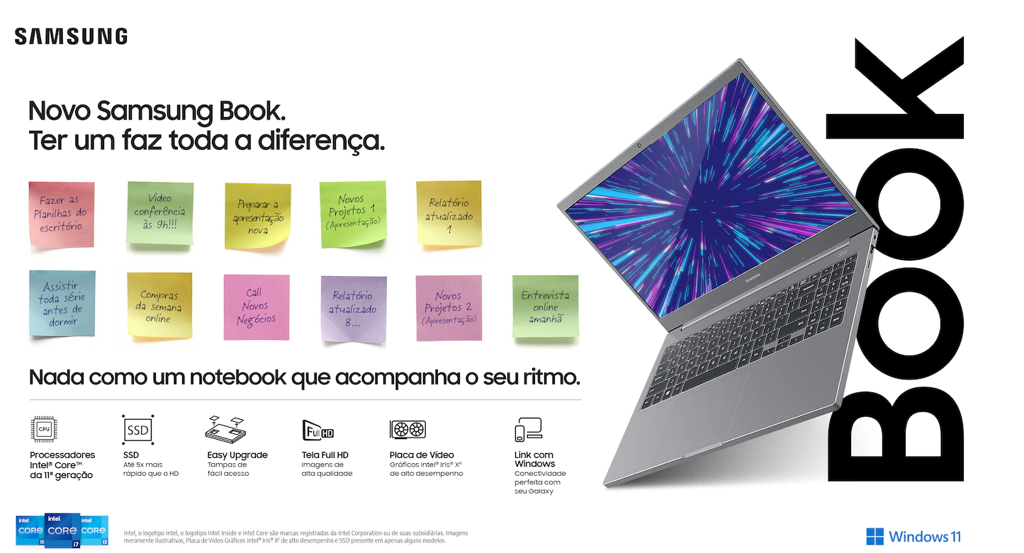 Notebook Samsung Book 11ª Geração Intel Core i3-1115G4 4GB HDD 1TB 15,6 Full HD Windows 11 Home Cinza-chumbo