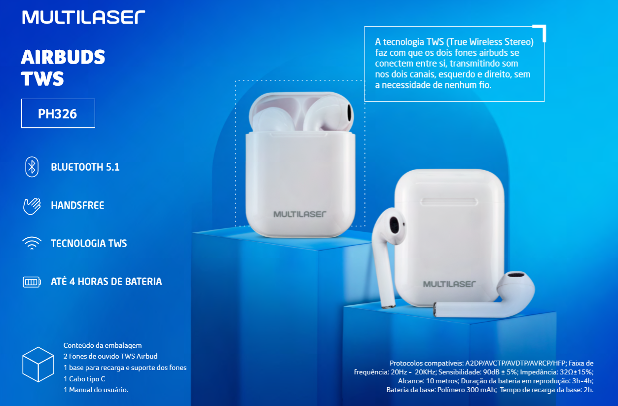Fone TWS Bluetooth Multilaser Branco - PH326